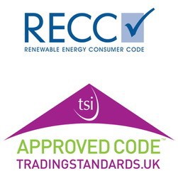 Two icons. First Icon: Blue writing next to blue tick mark. "RECC Renewable Energy Consumer Code." Second Icon: Purple triangle above green and purple words. "Approved Code TradingStandards.UK". NBG Digital Home. Electric Vehicle chargers, Solar and Heat Pumps, General Electrical Services in the South West.